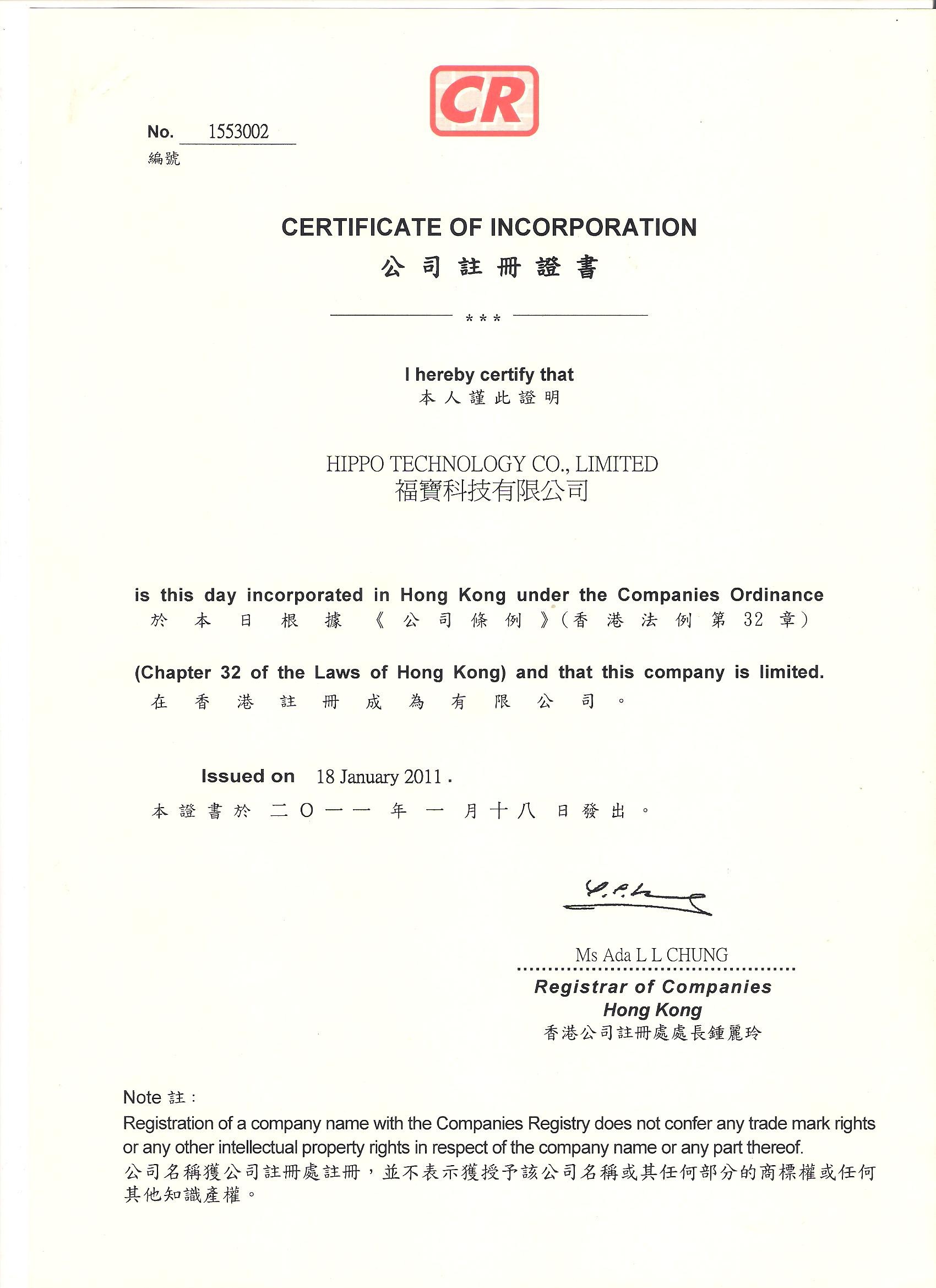 Cina Hippo Technology Co.,LTD Sertifikasi